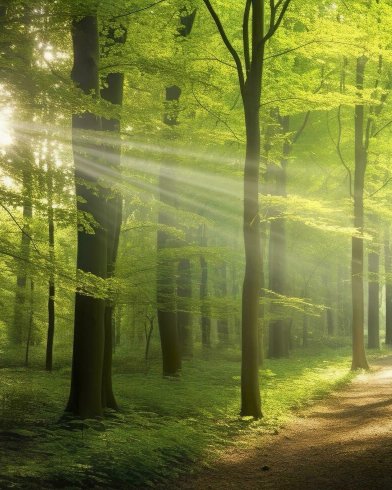 Beautiful rays of sunlight in a green forest generative ai free photo