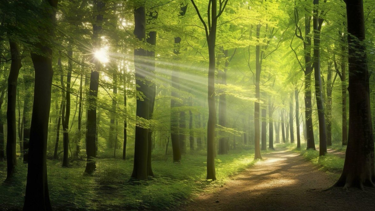 Beautiful rays of sunlight in a green forest generative ai free photo