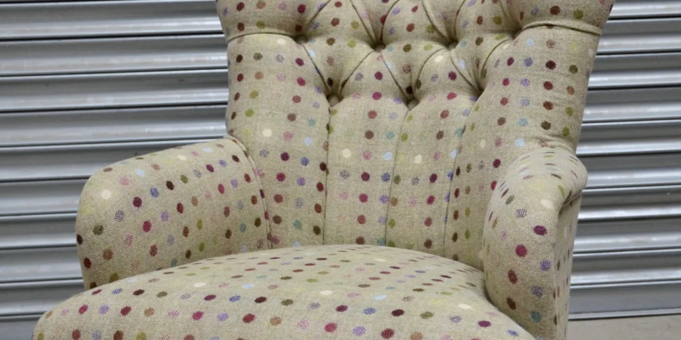 Buttoned Back Chair Reupholstery in Moon Multispot Wool Fabric