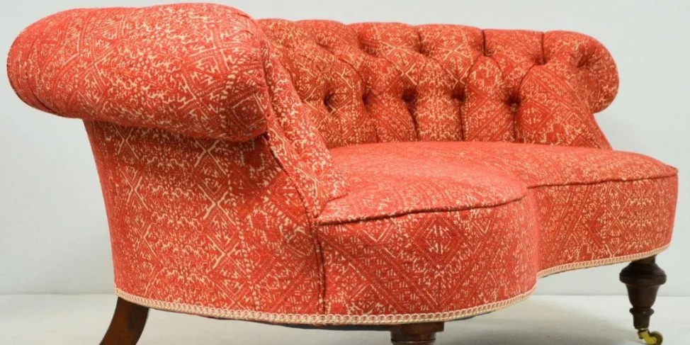 Victorian Crescent-Shape Sofa - Recovered in a Woven Fabric and Traditional Gimp Braid