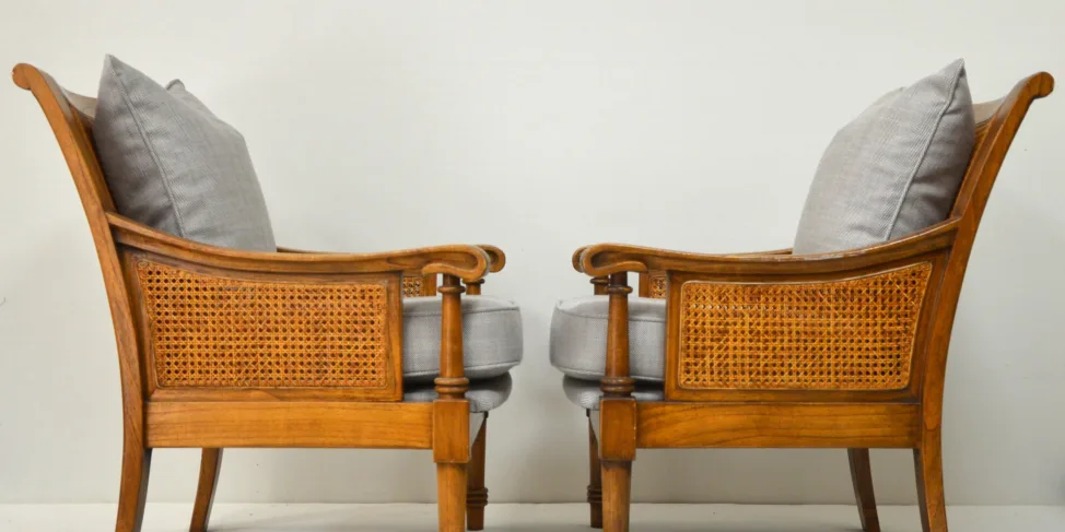 Wooden Cane Chairs in a Herringbone Fabric