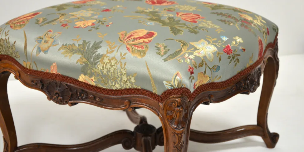 Wooden French Stool, Recovered in an Embroidered Sage Green Floral Fabric