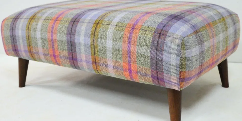 Footstool Reupholstered in a Colourful Plaid Wool Fabric