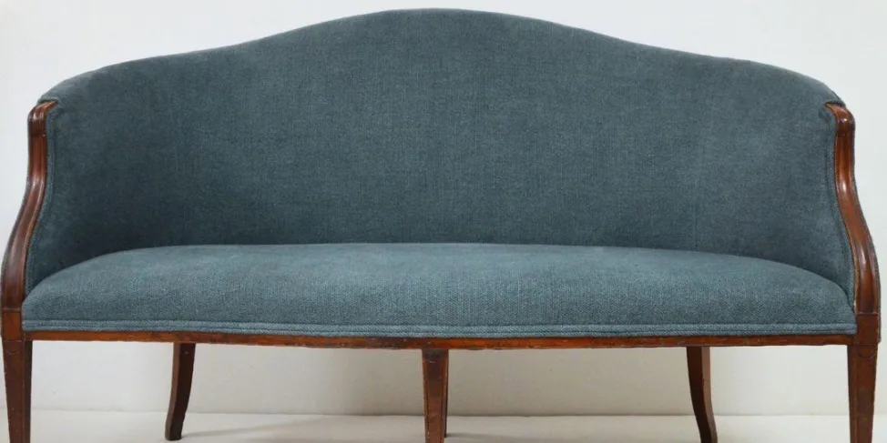 Curved Back Sofa Reupholstered in a Slate Blue Linen