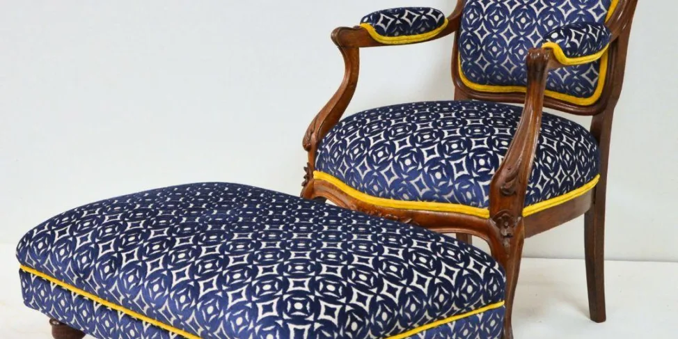 Wooden Frame Chair and Footstool with Contrast Piping