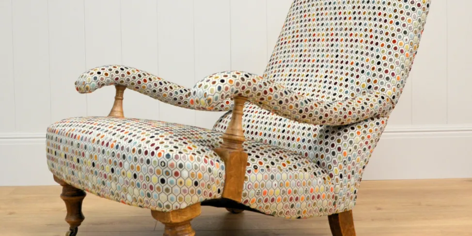 Laidback Armchair Reupholstered In a Patterned Cut Velvet Fabric