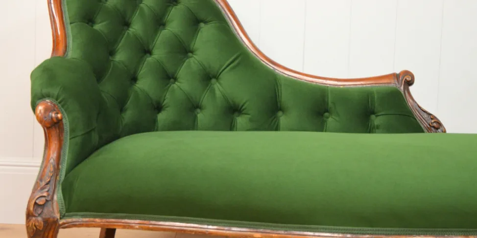 Reupholstered Antique Chaise Longue in a Green Velvet