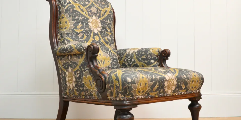 Reupholstered Armchair in William Morris Fabric With Studding
