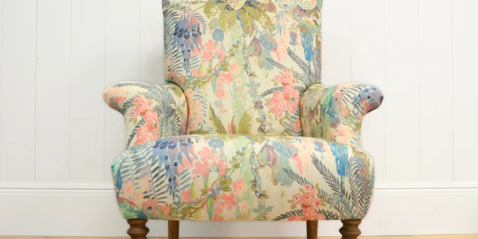 Armchair Reupholstered in a Tropical Linwood Velvet Fabric