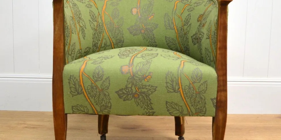 Wooden Tub Chair Recovered in a Green Linen