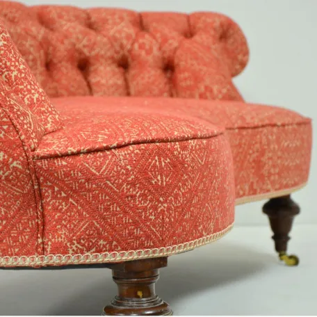 Victorian Crescent-Shape Sofa - Recovered in a Woven Fabric and Traditional Gimp Braid