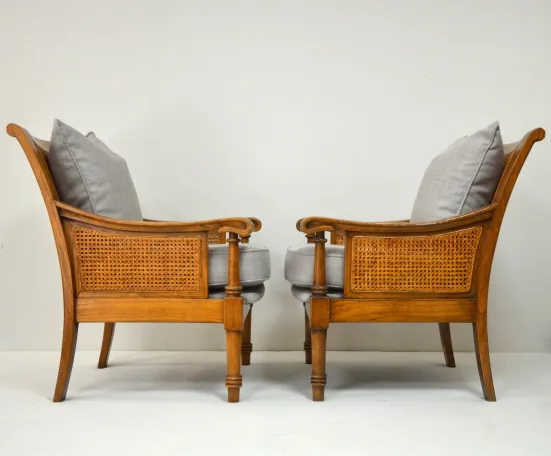 Wooden Cane Chairs in a Herringbone Fabric