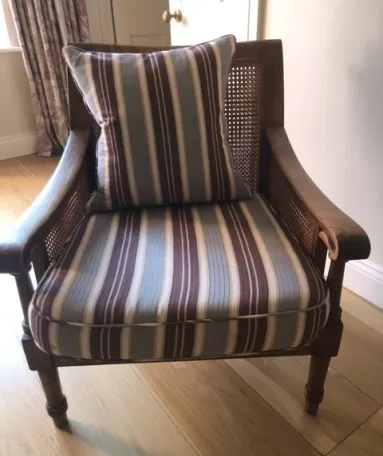 Wooden Cane Chairs in a Herringbone Fabric