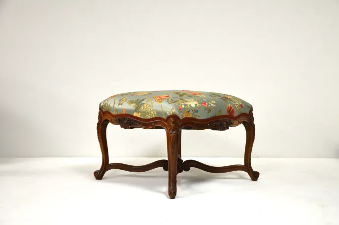 Wooden French Stool, Recovered in an Embroidered Sage Green Floral Fabric