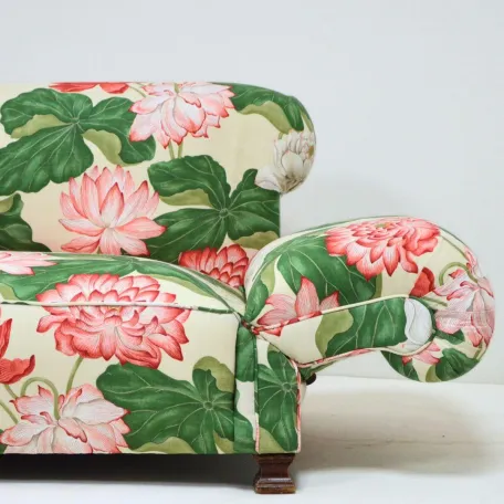 Antique Drop Arm Sofa Reupholstered in a Sanderson fabric