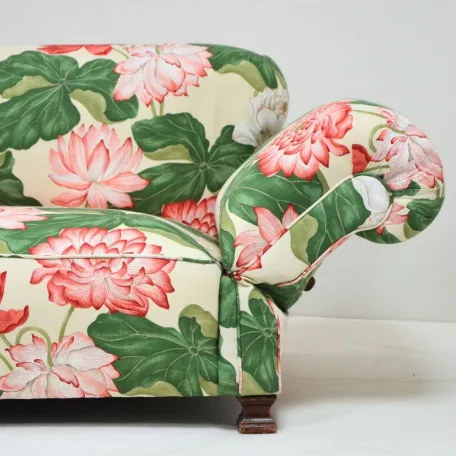 Antique Drop Arm Sofa Reupholstered in a Sanderson fabric