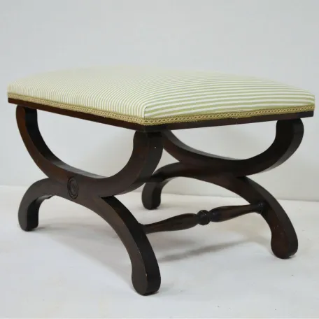 Wooden Stool Recovered in a Striped Fabric and Trim