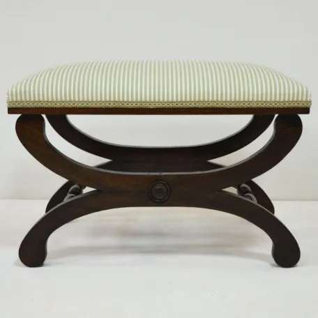 Wooden Stool Recovered in a Striped Fabric and Trim