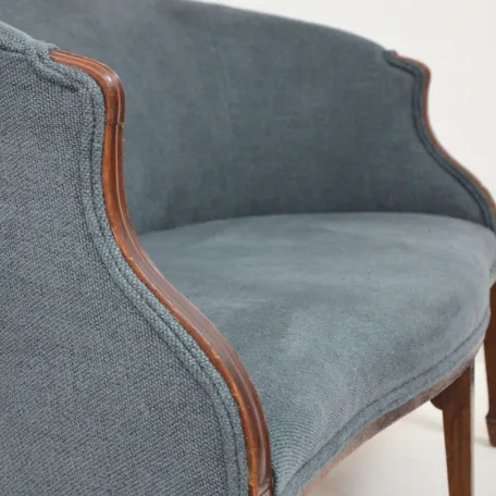 Curved Back Sofa Reupholstered in a Slate Blue Linen