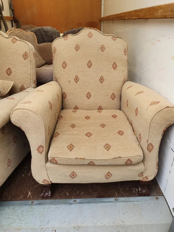 Matching Armchairs – Recovered in a Geometric Clarke & Clarke fabric