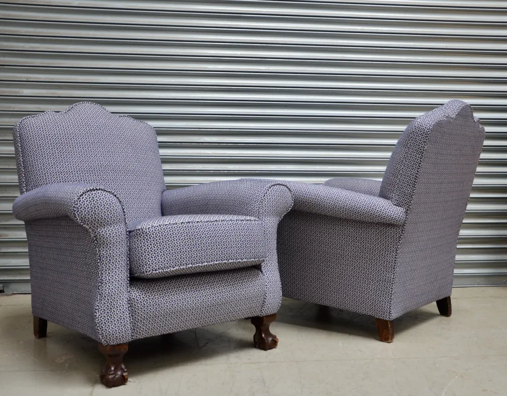 Matching Armchairs – Recovered in a Geometric Clarke & Clarke fabric