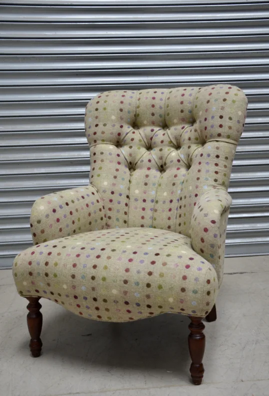 Buttoned Back Chair Reupholstery in Moon Multispot Wool Fabric