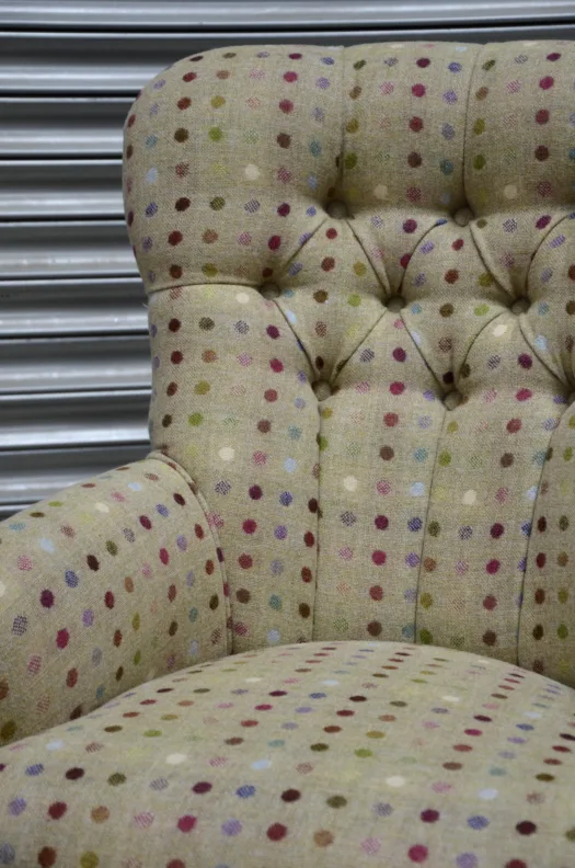 Buttoned Back Chair Reupholstery in Moon Multispot Wool Fabric