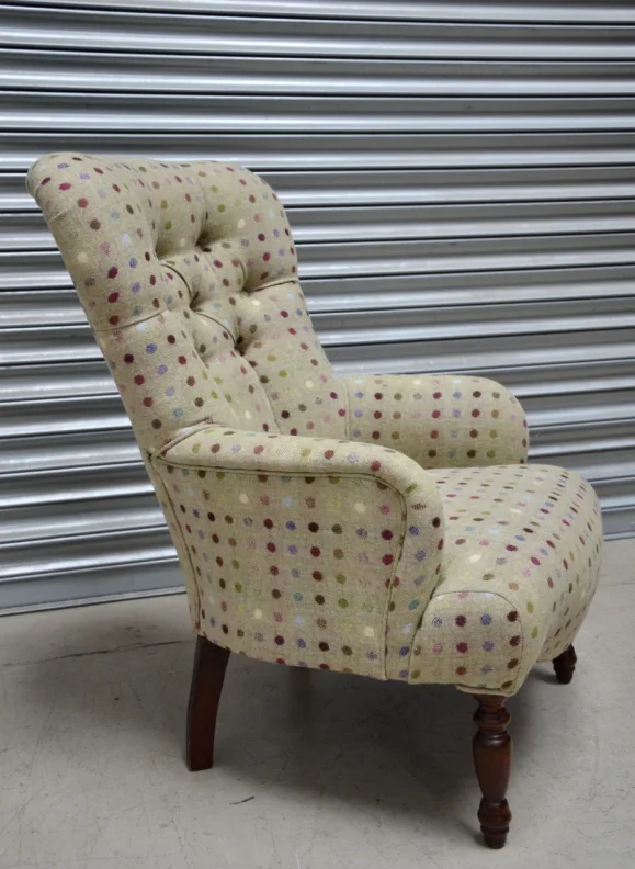 Buttoned Back Chair Reupholstery in Moon Multispot Wool Fabric
