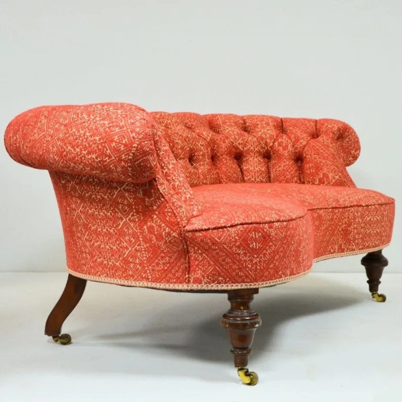 Victorian Crescent-Shape Sofa - Recovered in a Woven Fabric and Traditional Gimp Braid