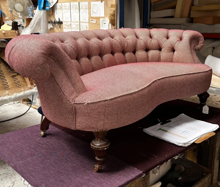 Victorian Crescent-Shape Sofa - Recovered in a Woven Fabric and Traditional Gimp Braid