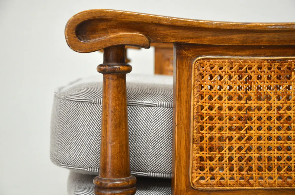 Wooden Cane Chairs in a Herringbone Fabric