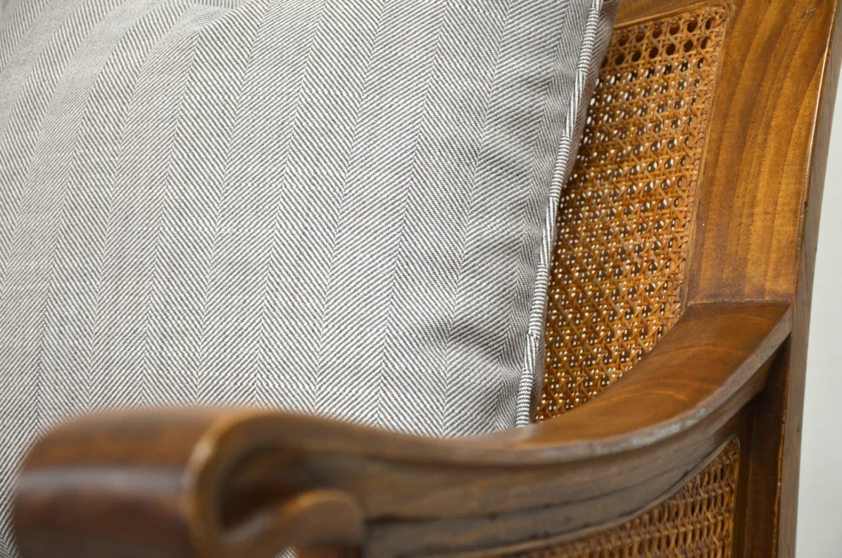 Wooden Cane Chairs in a Herringbone Fabric