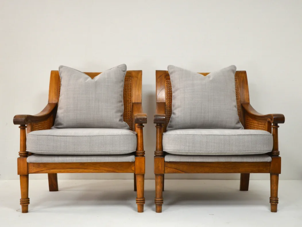 Wooden Cane Chairs in a Herringbone Fabric