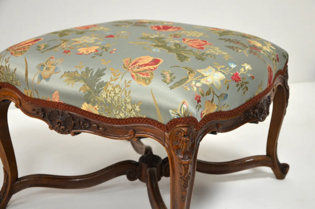 Wooden French Stool, Recovered in an Embroidered Sage Green Floral Fabric