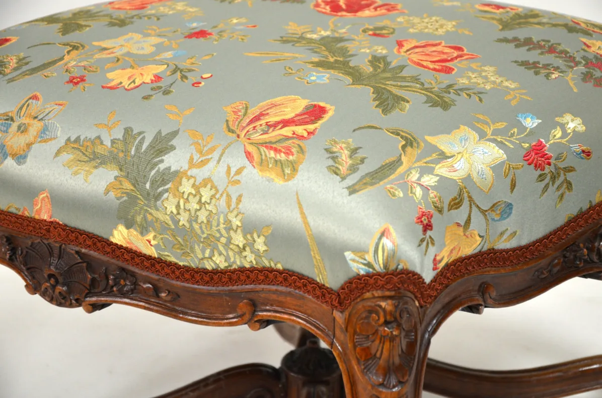 Wooden French Stool, Recovered in an Embroidered Sage Green Floral Fabric