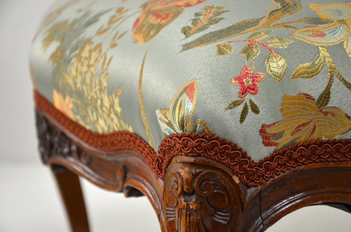 Wooden French Stool, Recovered in an Embroidered Sage Green Floral Fabric