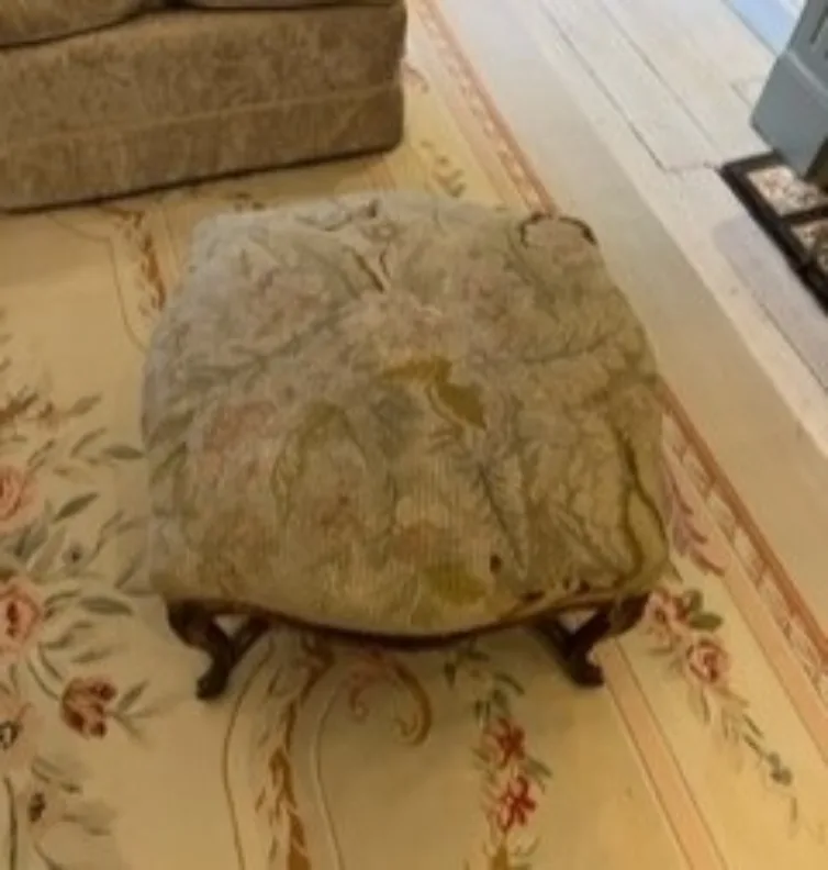 Wooden French Stool, Recovered in an Embroidered Sage Green Floral Fabric