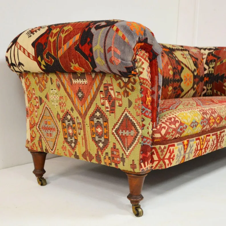 Antique Sofa Reupholstered in a Traditional Kilim Rug & Stud Detailing