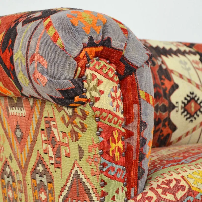 Antique Sofa Reupholstered in a Traditional Kilim Rug & Stud Detailing