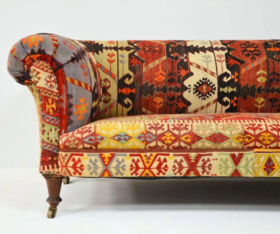 Antique Sofa Reupholstered in a Traditional Kilim Rug & Stud Detailing