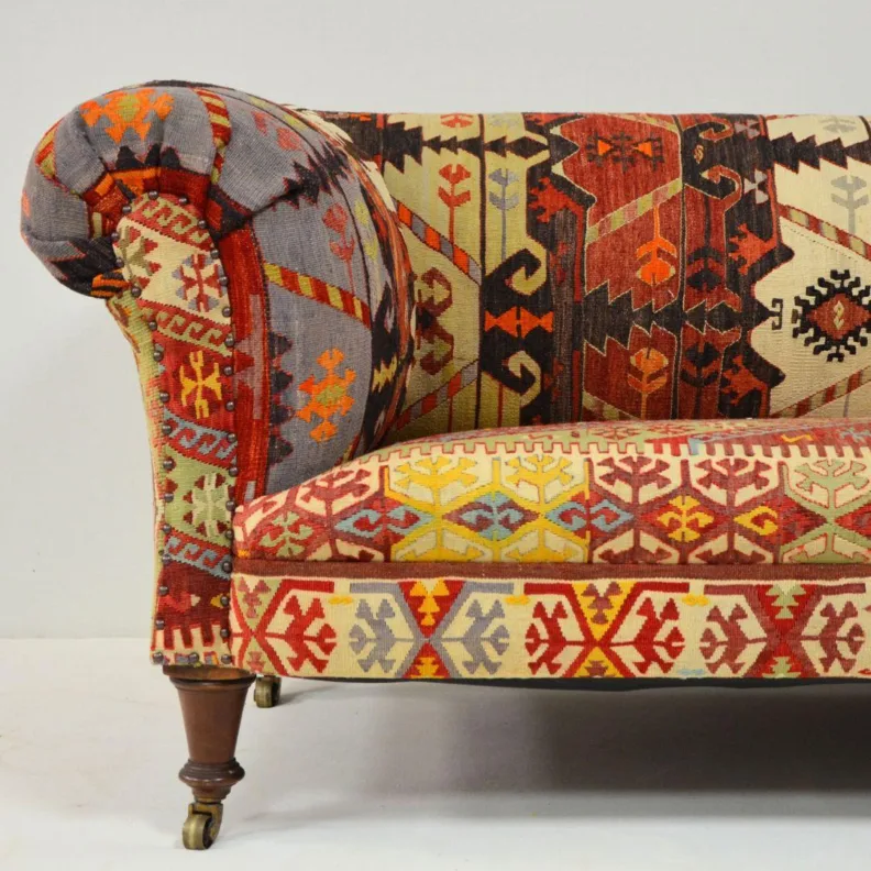 Antique Sofa Reupholstered in a Traditional Kilim Rug & Stud Detailing