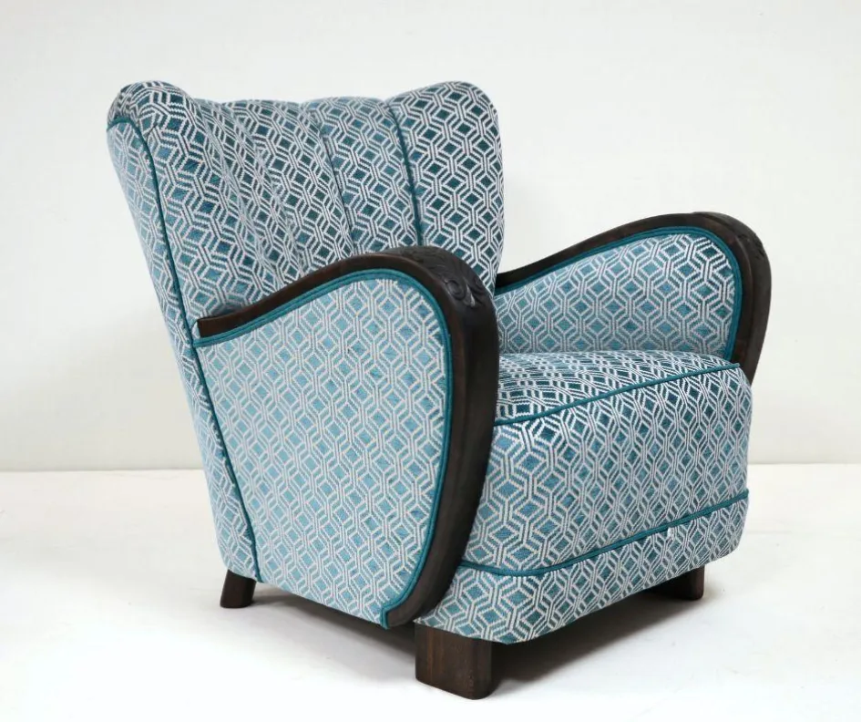 Fluted Back Chair, Reupholstered in a Gometric Romo Fabric