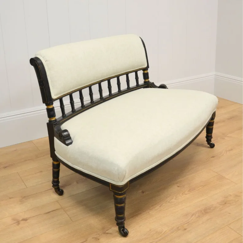 Antique Wooden Bench Re-Covered In A Cream Linen With Double Piping