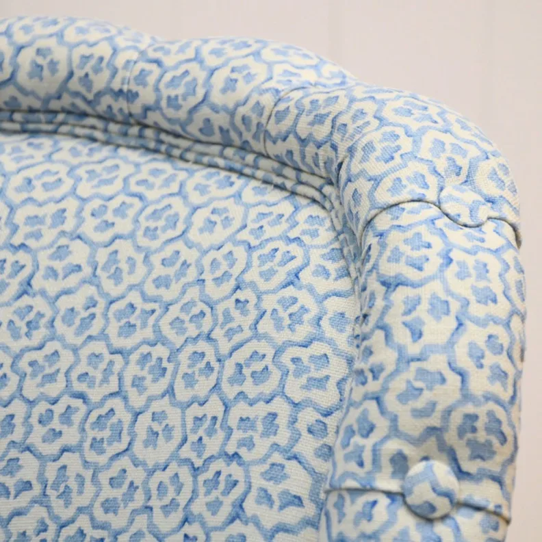 SMALL ARMCHAIR REUPHOLSTERED IN PRINTED LINEN FABRIC