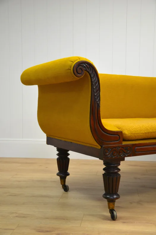 Stunning Antique Sofa Reupholstered in a Mustard Linen and Boucle Fabric