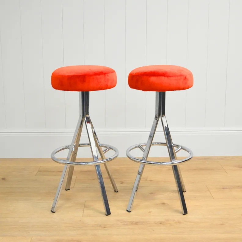 Twin Barstools Reupholstered in a Linwood Orange Velvet