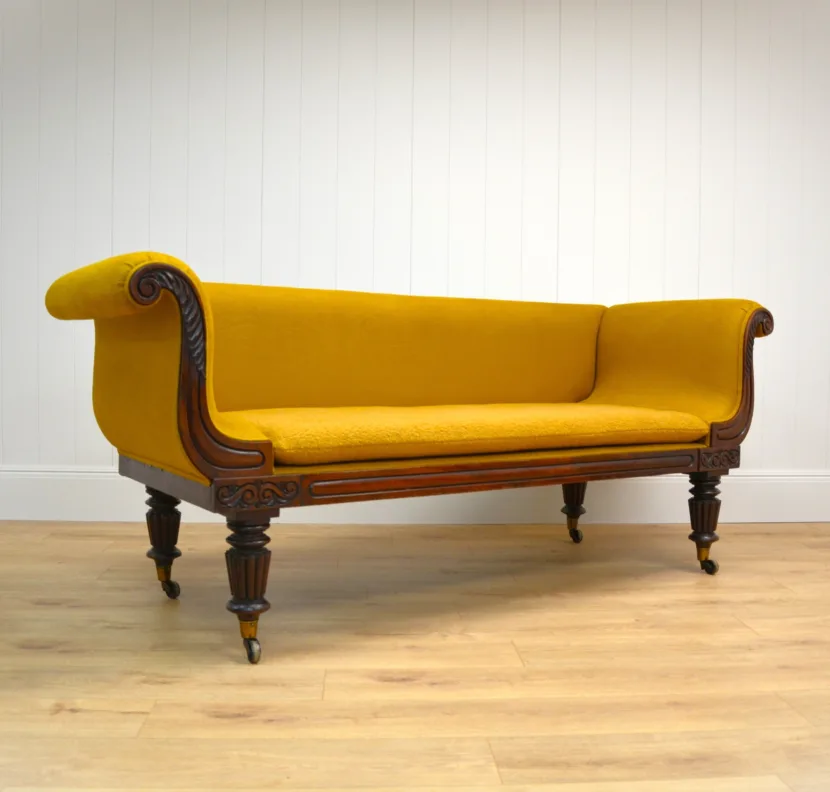 Stunning Antique Sofa Reupholstered in a Mustard Linen and Boucle Fabric