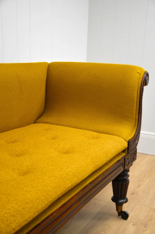 Stunning Antique Sofa Reupholstered in a Mustard Linen and Boucle Fabric