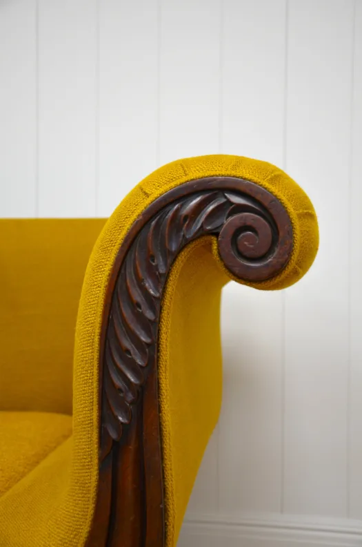 Stunning Antique Sofa Reupholstered in a Mustard Linen and Boucle Fabric