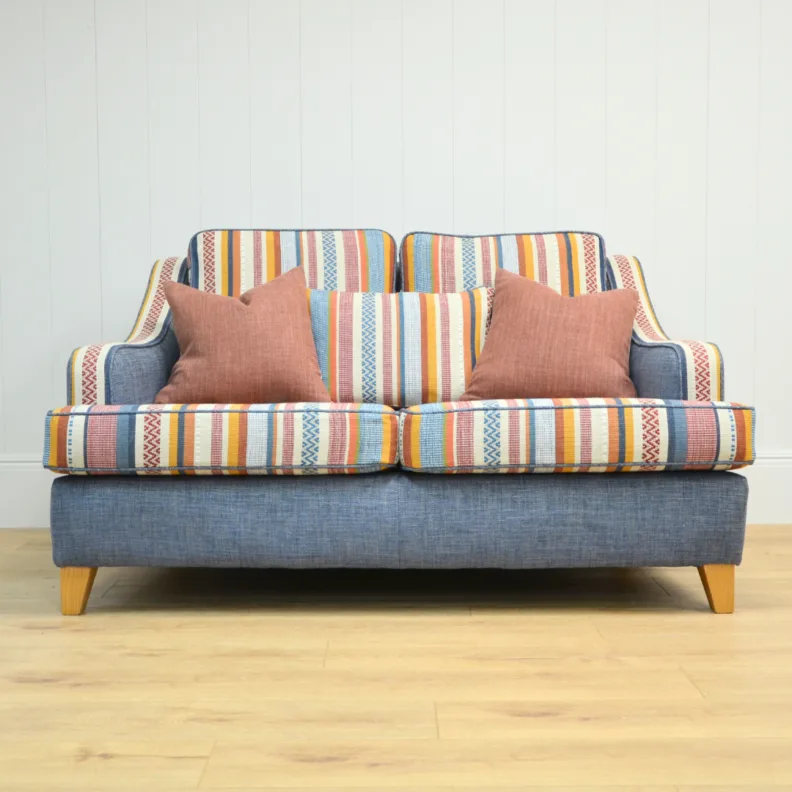 Small Two Seater Sofa Reupholstered in Striped Fabric with Matching Scatter Cushions